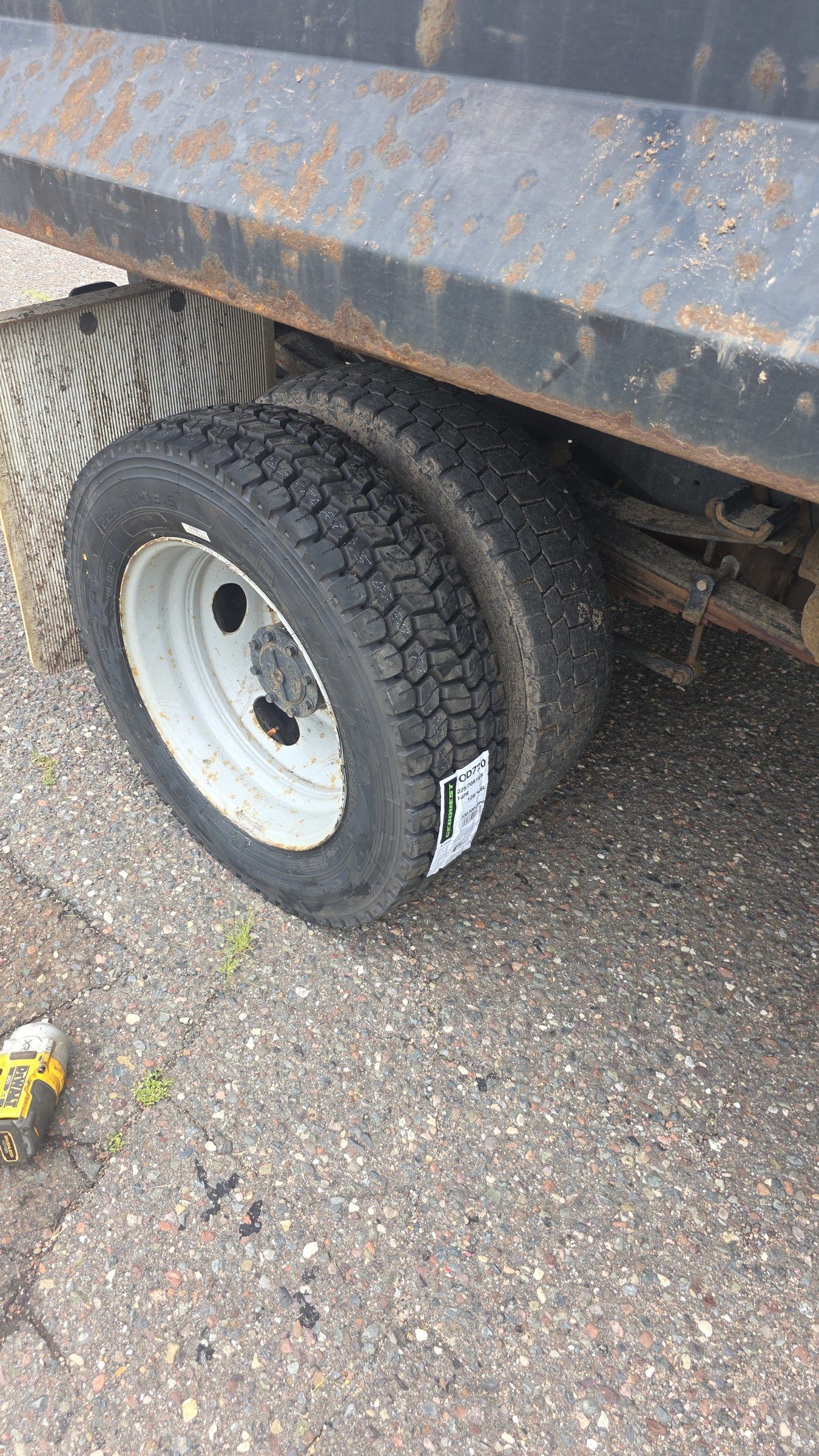 New dual tires installed on a commercial truck
