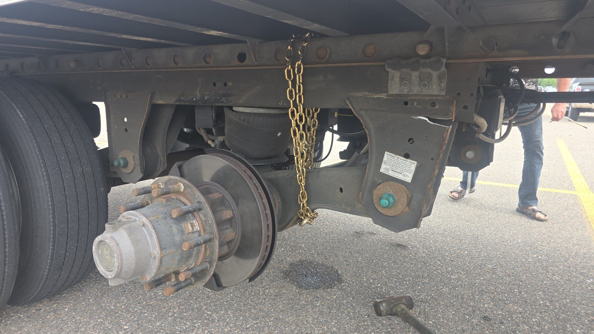 Truck wheel hub and brake rotor exposed for brake repair