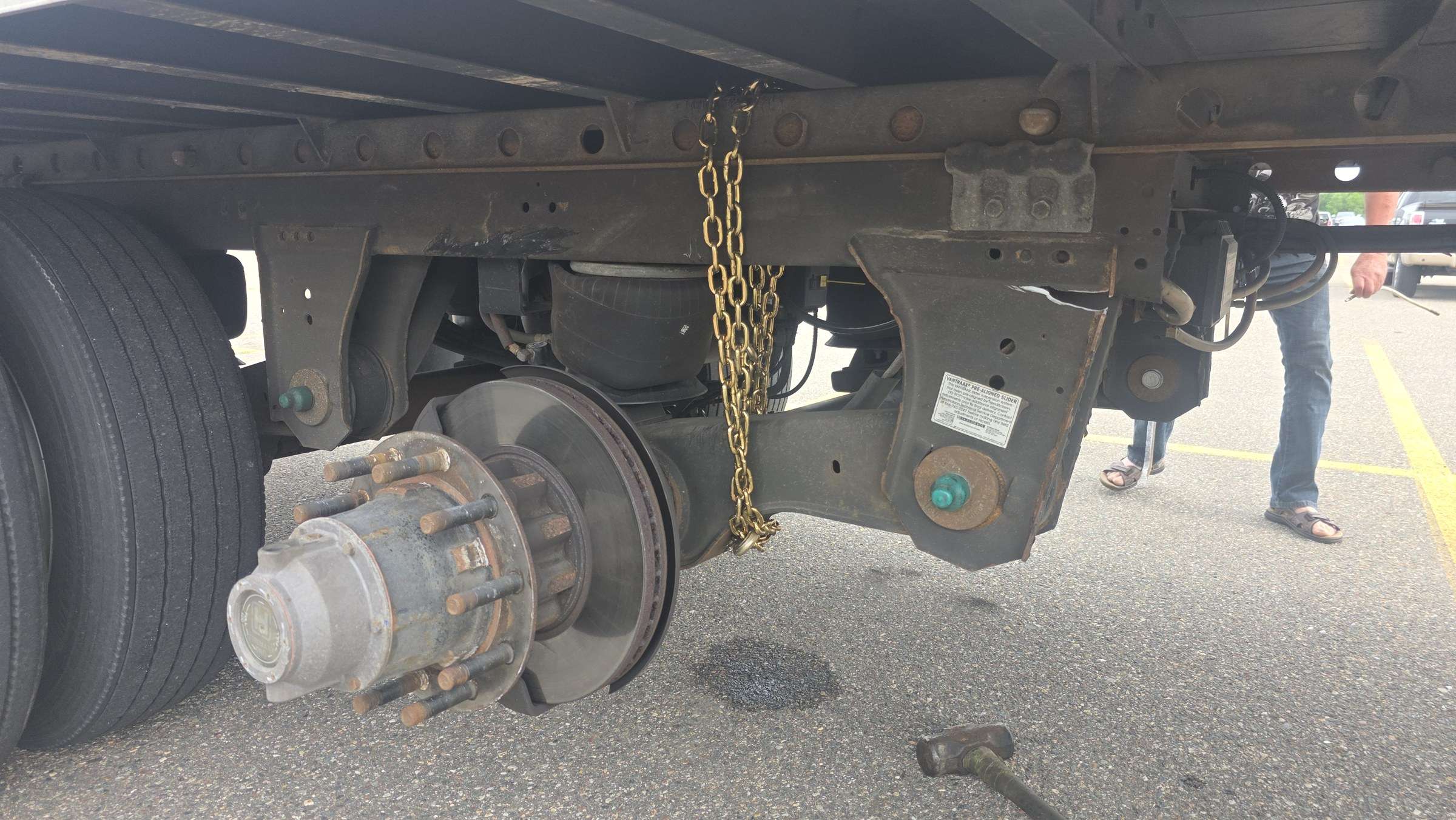 Truck wheel hub and brake rotor exposed for brake repair